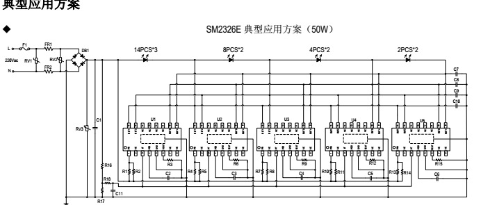 大功率投光燈5段線性高效率低THD優(yōu)化電路SM2326E(圖5) SM2326E典型應(yīng)用方案50w