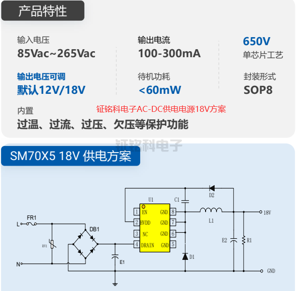LED電源芯片AC-DC供電電源18V方案芯片推薦:SM70X5系列(圖1) 鉦銘科電子AC-DC供電電源18V方案.png